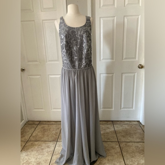 DAVID'S BRIDAL High Neck Sequined Lace and Chiffon Dress STYLE# F19452 - Picture 3 of 5